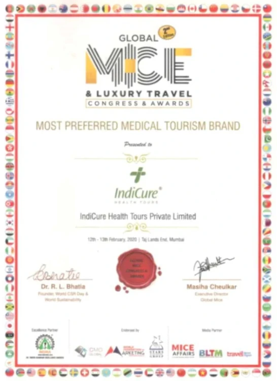 Certificate for the most preferred medical tourism brand by MICE& Luxury Travel